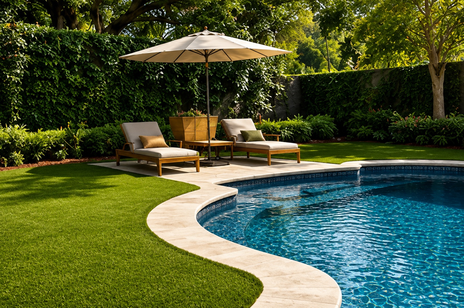 A lush artificial-turf lawn beside a backyard pool