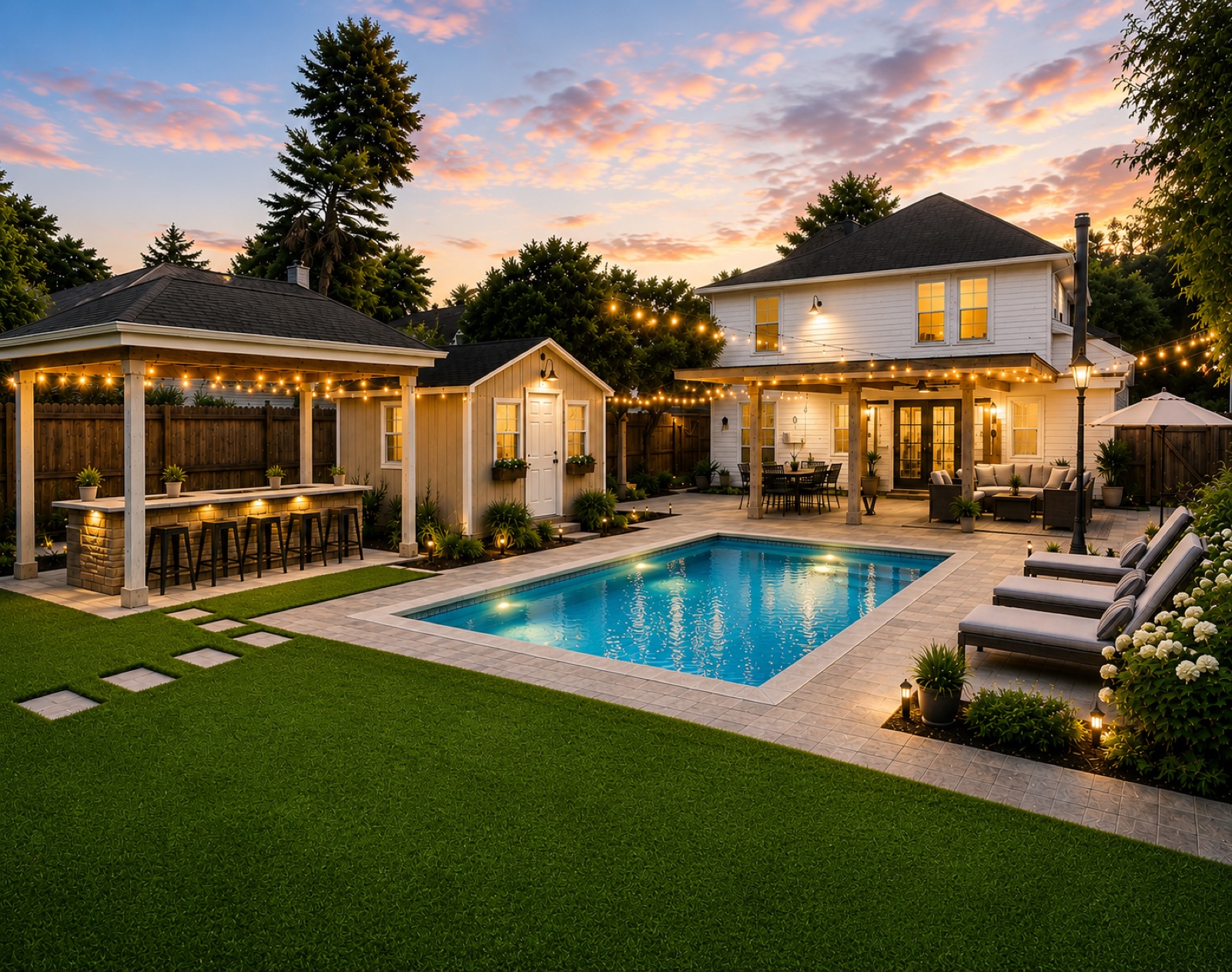 A backyard pool and patio with string lights at dusk, bordered by turf
