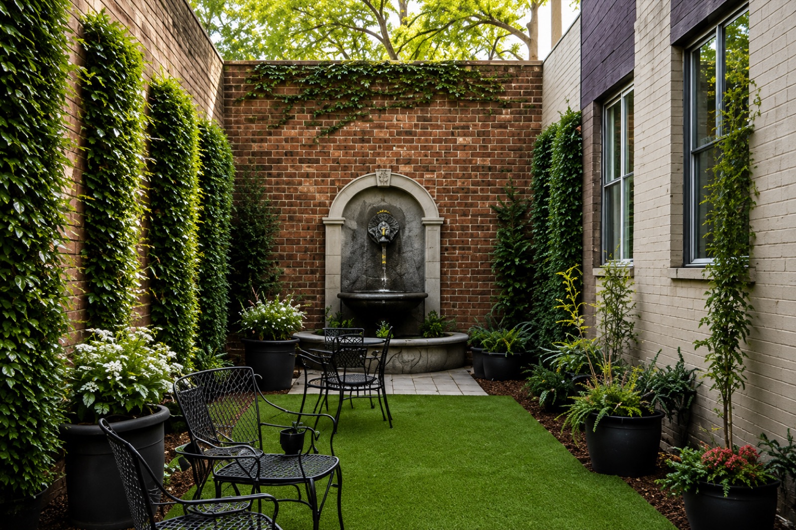 A New Orleans-style brick courtyard with a fountain, ivy, and an artificial-turf lawn