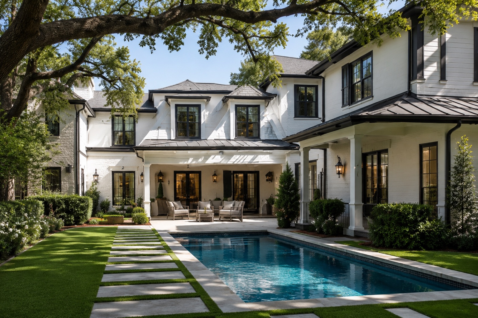 A large home with a swimming pool bordered by an artificial-turf lawn